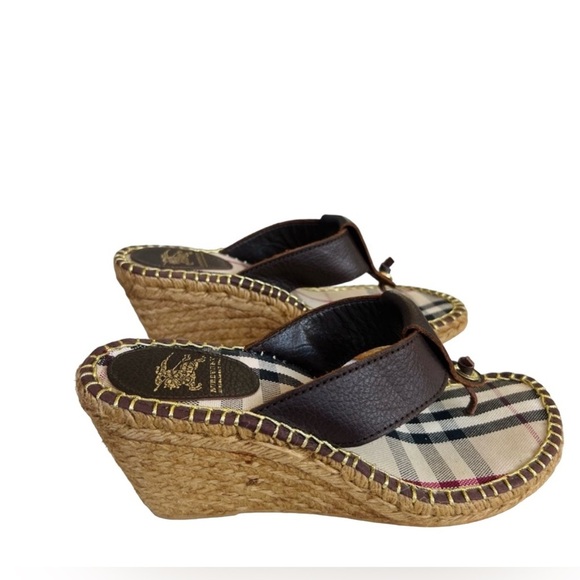 AUTHENTIC Burberry Leather Nova Checkered Plaid Wedges Heels Espadrilles - Picture 4 of 9